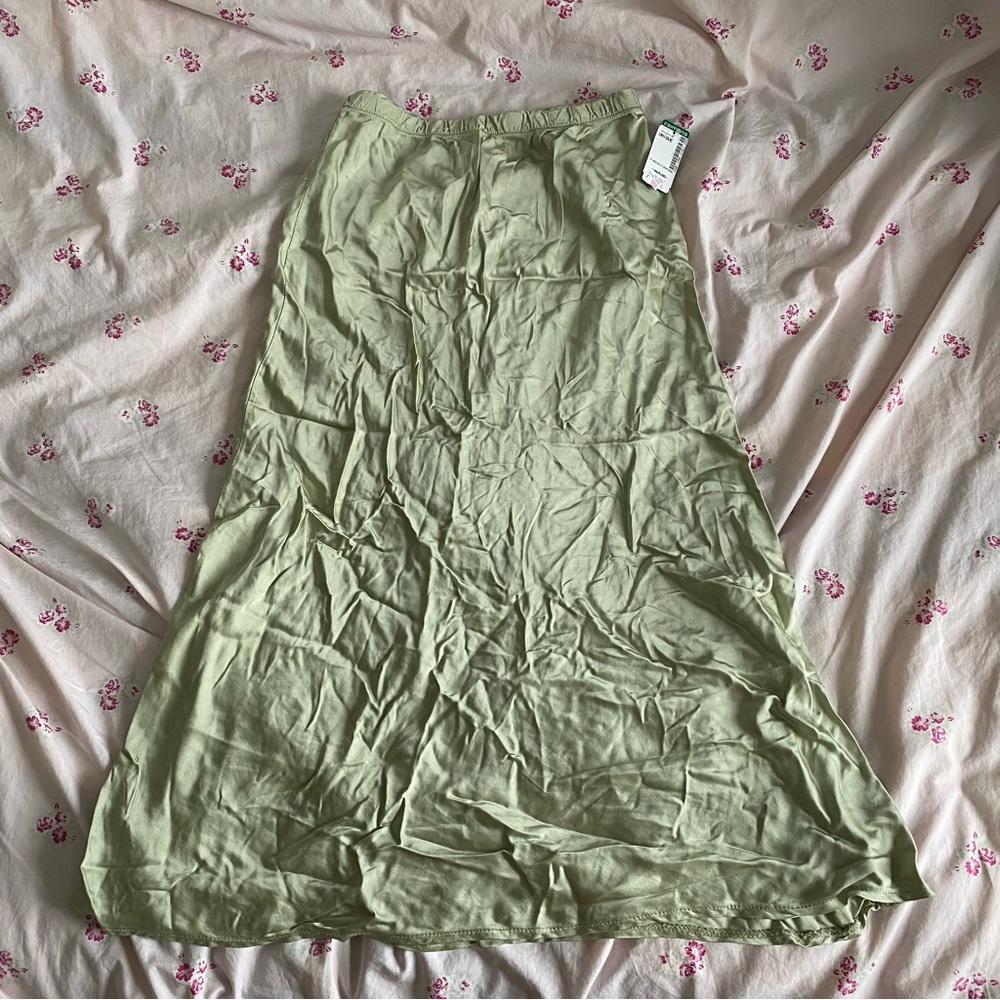 green satin midi skirt